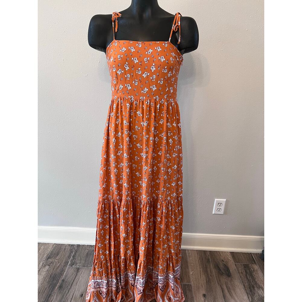 Forever 21 Orange‎ Print Tiered Maxi SunDress Sz Medium Summer vacation coquette